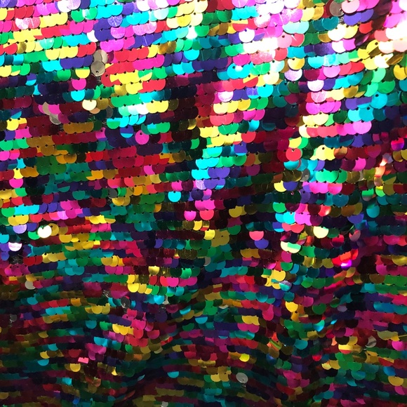 1 yd 8mm Overlapping Rainbow/Silver Reversible Sequins~Black Mesh Costume Fabric - Picture 2 of 4